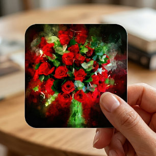 Red Roses Bouquet Watercolor on Black Background Square Sticker