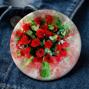 Red Roses Bouquet Watercolor on White Background 6 Cm Round Badge