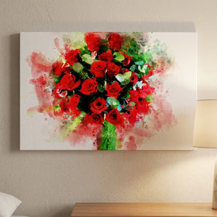 Red Roses Bouquet Watercolor on White Background Canvas Print