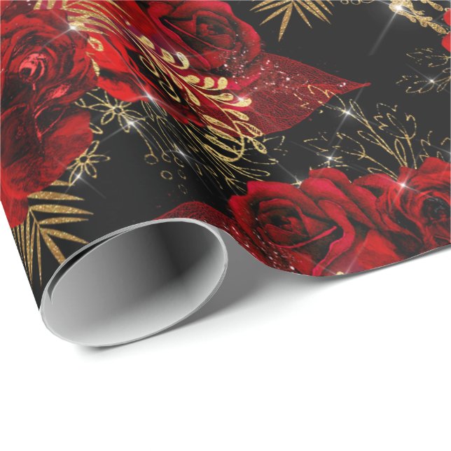 Red Roses Bunch  Foil Floral Glitter Gold Black6 V Wrapping Paper (Roll Corner)