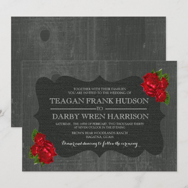Red Roses Burlap Wood Gothic Wedding Invites (Front/Back)