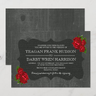 Red Roses Burlap Wood Gothic Wedding Invites