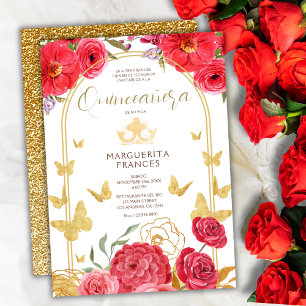 Red Roses & Butterflies Gold Glitter Quinceañera  Invitation