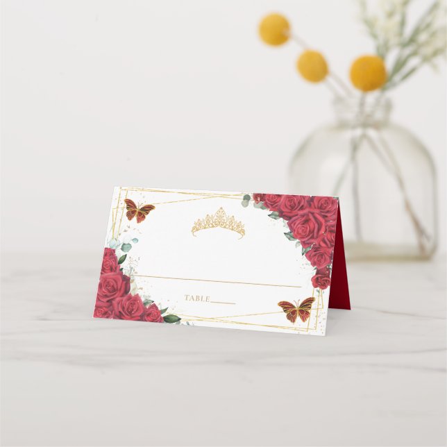 Red Roses Butterfly Quinceañera Sweet 16 Birthday Place Card (Front)