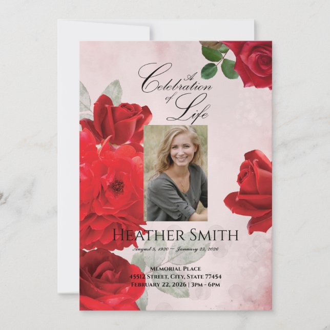Red Roses Celebration of Life Funeral Invitation (Front)