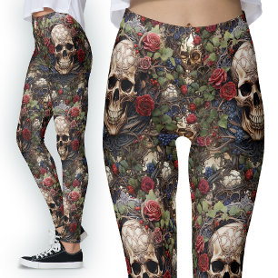 Red Roses Celtic Skulls Green Leaves Nature Leggings