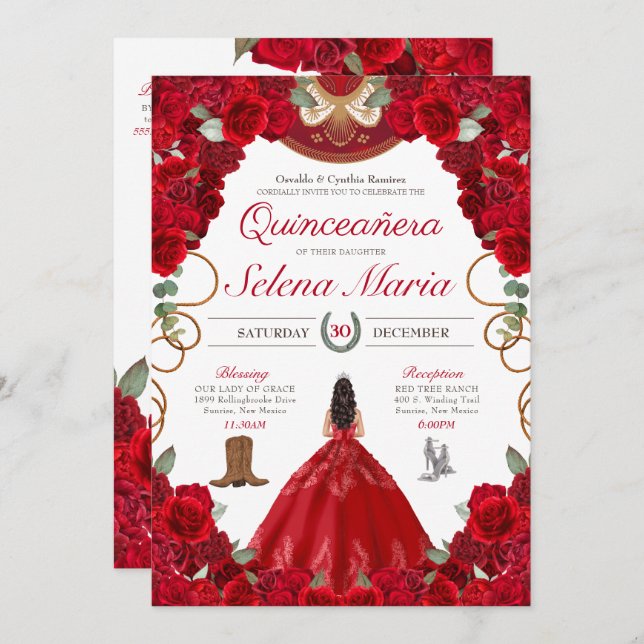 Red Roses Charro Elegant Peonies Rose Quinceanera Invitation (Front/Back)