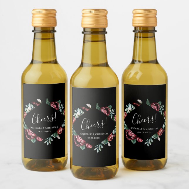 Red Roses, Cheers Black Wedding Mini Wine Label (Bottles)