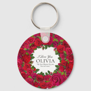 Red Roses Circular Wreath Custom Text Key Ring