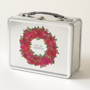 Red Roses Circular Wreath Custom Text Metal Lunch Box