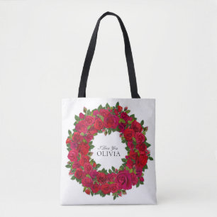 Red Roses Circular Wreath Custom Text Tote Bag