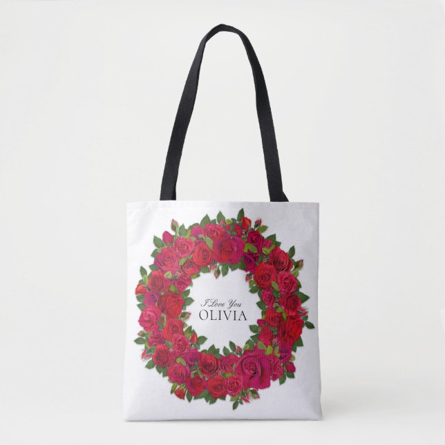 Red Roses Circular Wreath Custom Text Tote Bag (Front)