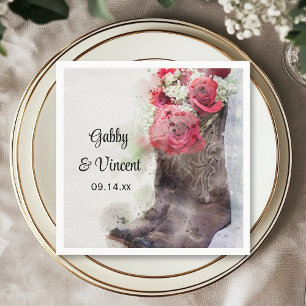 Red Roses Cowboy Boots Western Wedding Watercolor Napkin