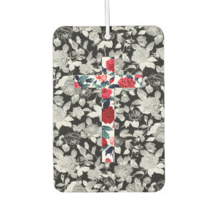 Red Roses Cross & Black and White Floral Pattern Car Air Freshener