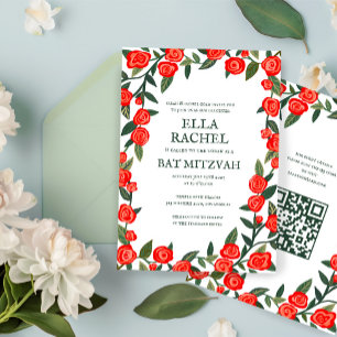 Red Roses Custom Bat Bar Mitzvah QR Code Girl Invitation