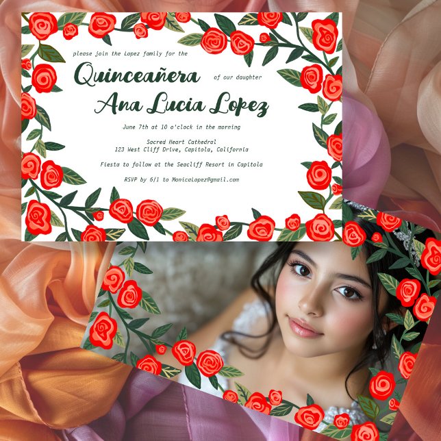 Red Roses CUSTOM Photo Quinceañera  Invitation (Red Roses CUSTOM Photo Quinceañera Invitation
)