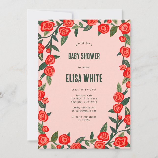 Red Roses CUSTOM QR Code BABY SHOWER Invitation (Front)