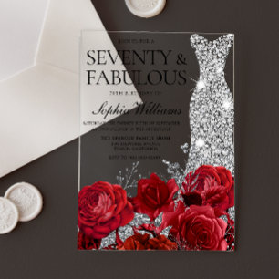 Red Roses Diamond Dress Womans 70th Birthday Party Acrylic Invitations