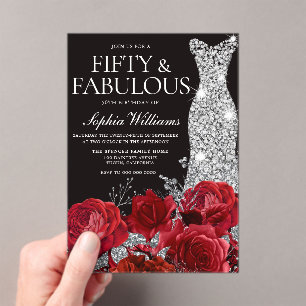 Red Roses Diamond Gown 50th Birthday Party Black  Acrylic Invitations