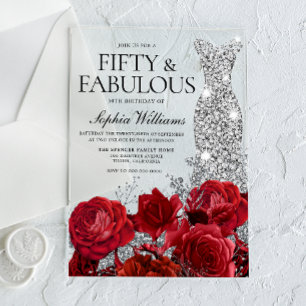 Red Roses Diamond Gown Black 50th Birthday Party Acrylic Invitations