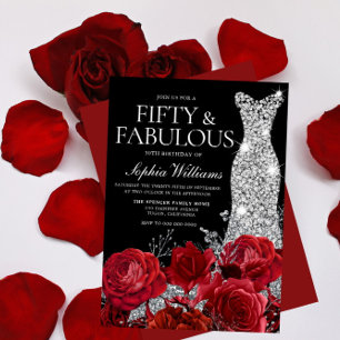 Red Roses Diamond Gown Black 50th Birthday Party Invitation