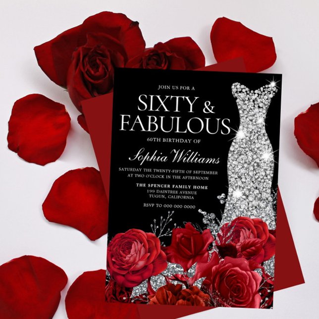 Red Roses Diamond Gown Black 60th Birthday Party  Invitation (Creator Uploaded)