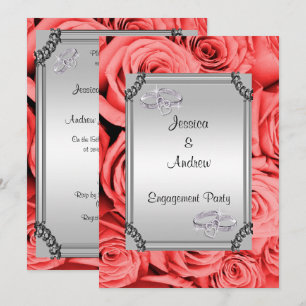 Red Roses & Diamond Wedding Rings Engagement Invitation