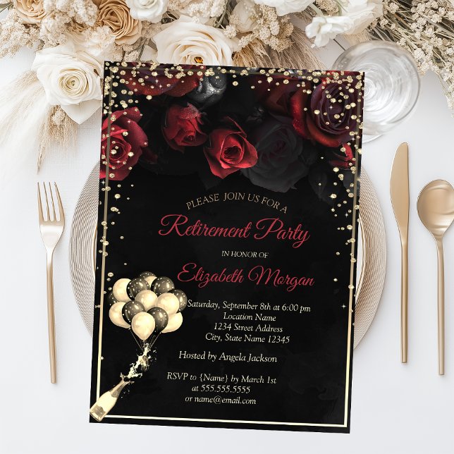 Red Roses,Diamonds Balloons Retirement Part Invitation (Creator Uploaded)