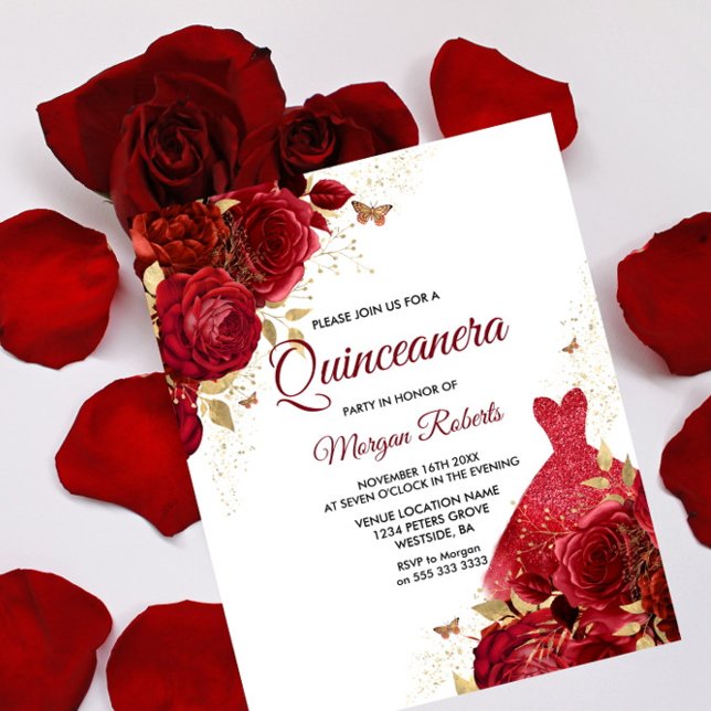 Red Roses Dress Budget Quinceanera Invitation (Creator Uploaded)