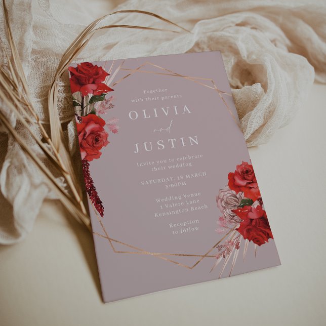 Red Roses & Dusty Pink Geometric Wreath Wedding  Invitation (Creator Uploaded)
