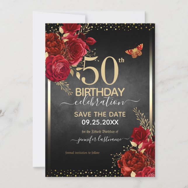 Red roses elegant 50th birthday Invitation (Front)