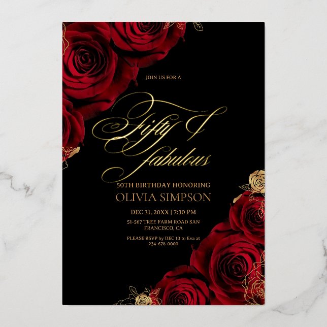 Red Roses Elegant Black Gold Birthday (Front)