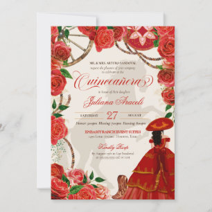Red Roses Elegant Charro Mariachi Quinceanera Invitation