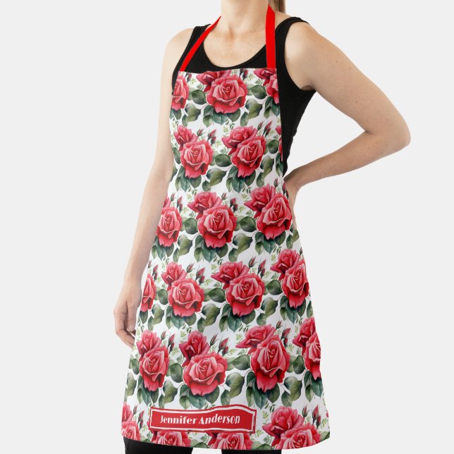 Red Roses Elegant Floral  Apron (Insitu)