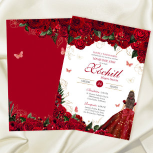 Red Roses Elegant Floral & Butterfly Quinceanera Invitation