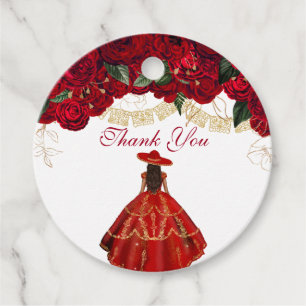 Red Roses Elegant Floral Charro Quinceanera Favour Tags