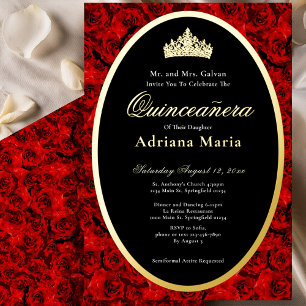 Red Roses Elegant Gold Floral Quinceanera  