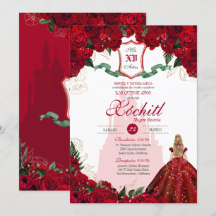 Red Roses Elegant Princess Castle Quinceanera  Invitation