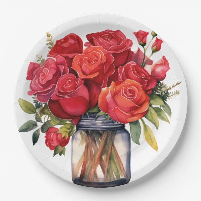 Red Roses Elegant Wedding Paper Plate (Front)