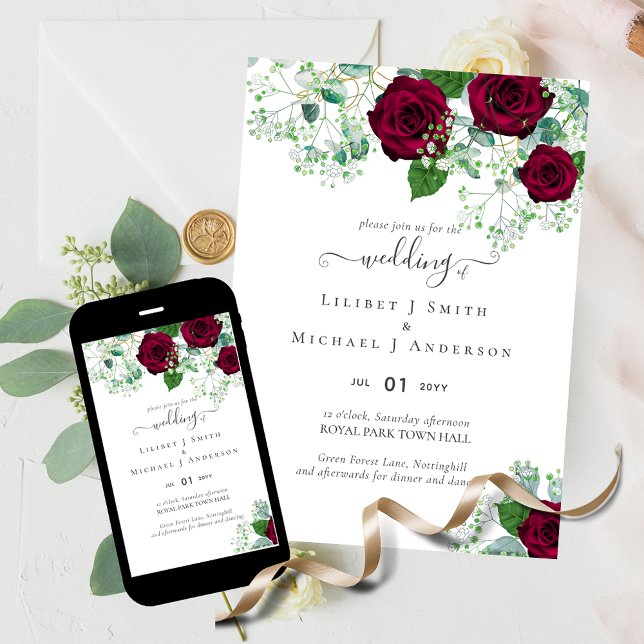 Red Roses Eucalyptus Printed or Digital Wedding Invitation (Creator Uploaded)