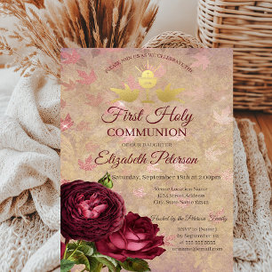 Red Roses Falling Leaves First Holy Communion   Invitation