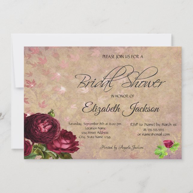  Red Roses Falling Leaves Wine Bridal Shower Invitation (Front)
