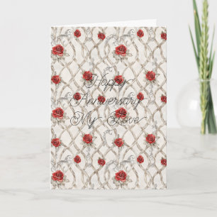 Red Roses Faux Wood Floral Anniversary Card