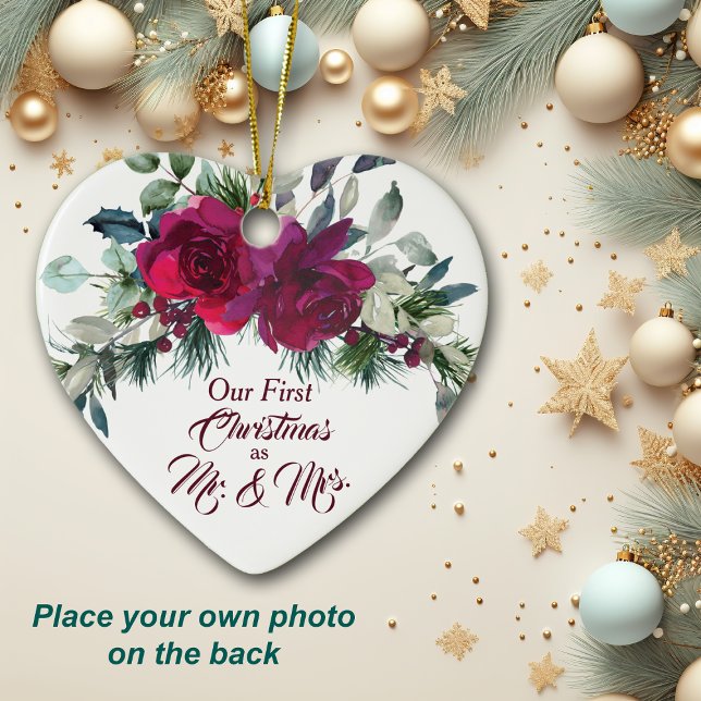 Red Roses First Christmas Photo Template Ceramic Tree Decoration (Creator Uploaded)