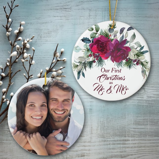 Red Roses First Christmas Photo Template Ceramic Tree Decoration (Creator Uploaded)