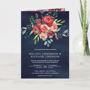 Red Roses Floral All in One QR Code Navy Wedding Invitation