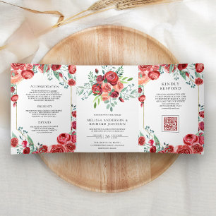 Red Roses Floral All in One QR Code Wedding Tri-Fold Invitation