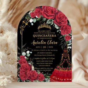 Red Roses Floral Black Charro Quinceanera 15 Arch Invitation
