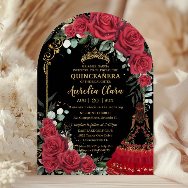 Red Roses Floral Black Charro Quinceanera 15 Arch Invitation (Creator Uploaded)