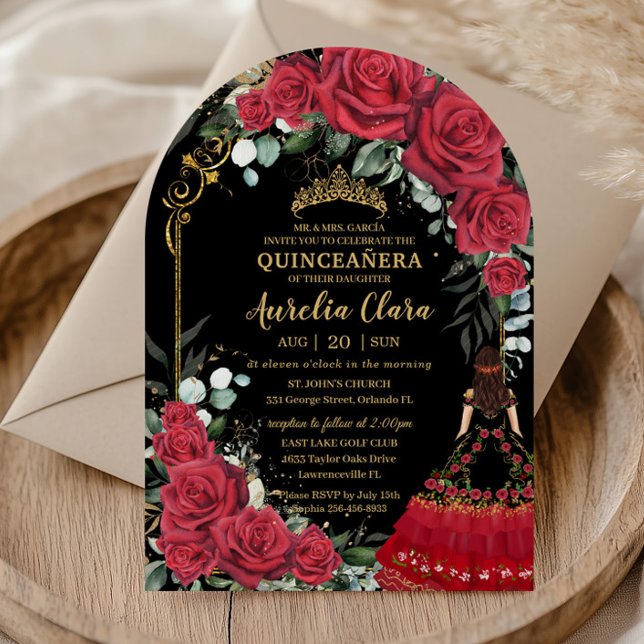 Red Roses Floral Black Charro Quinceañera Arch Invitation (Creator Uploaded)